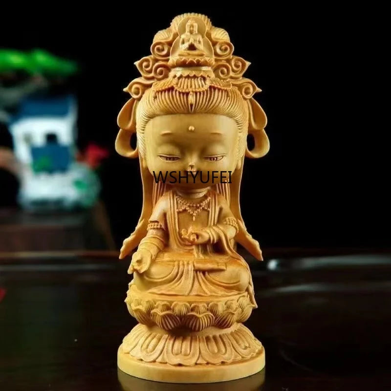 Woodcarving cartoon guanyin statue hand carving solid wood buddhist feng shui home room office decoration - religious