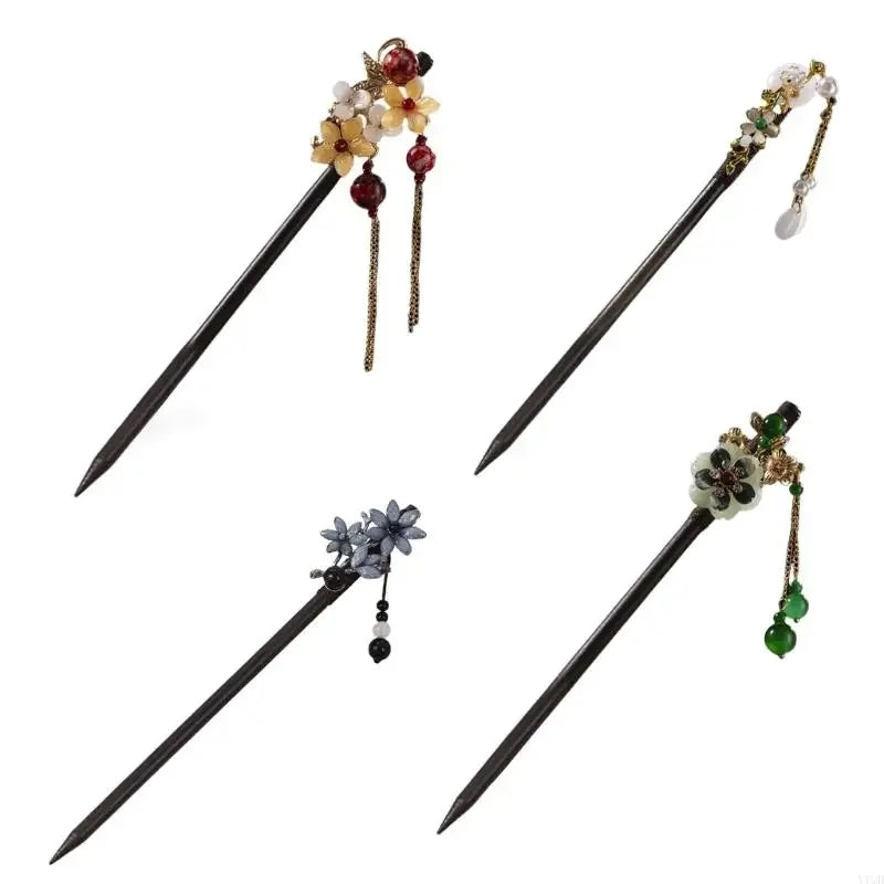 4pcs chinese hairpins for women with tassels and flowers wooden hair sticks - china