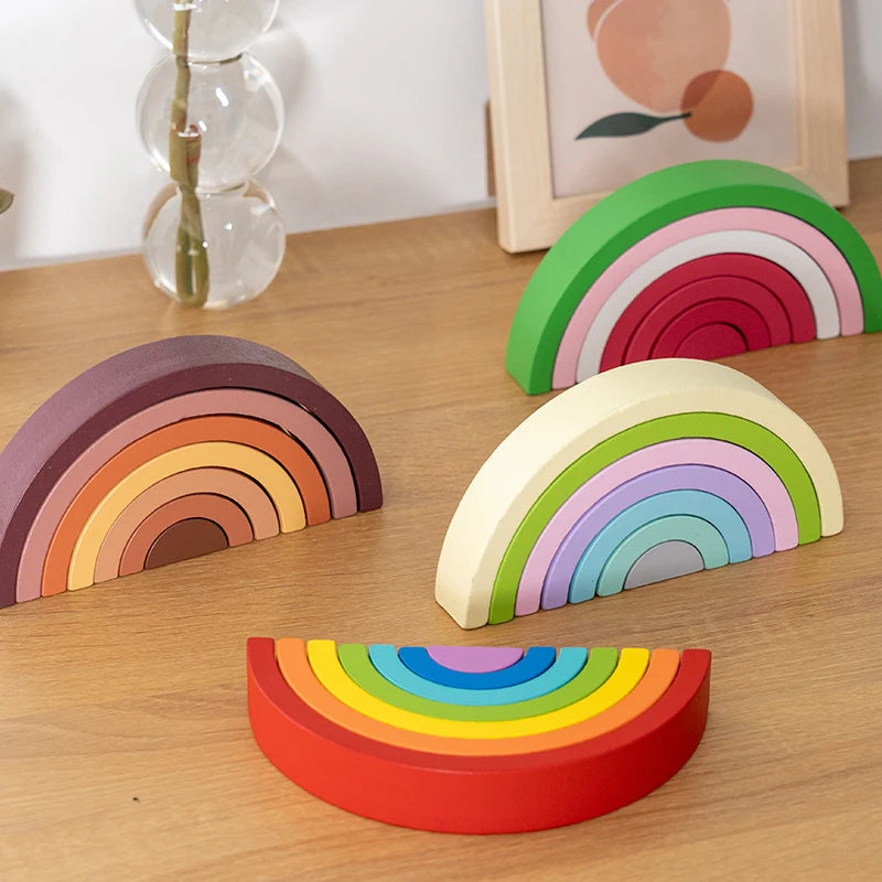 Arch bridge rainbow wooden building blocks stacking games color cognitive kids montessori educational wood toys