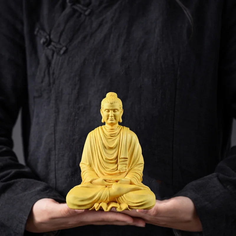 Natural boxwood shakyamuni buddhist statue solid wood carving，lndian figure buddha，home room office feng shui - 1