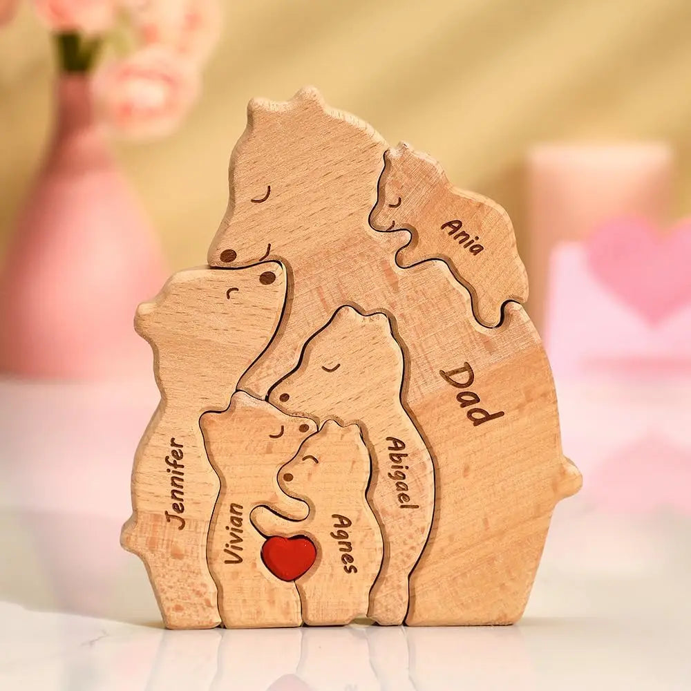 Name personalized custom mother’s birthday gift family names sculpture wood puzzle bear heart puzzles home decoration