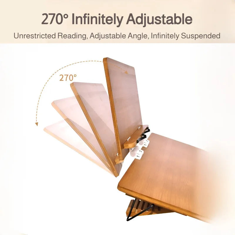 Solid wood reading rack foldable with elastic page clips book stand adjustable 360° rotating base laptop holder