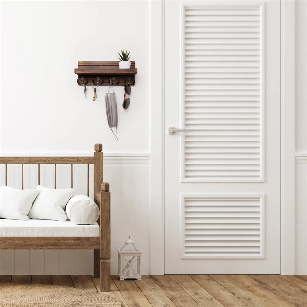 Wooden key holder for entryway decor wall mounted mail organizer and hanger with 4 hooks rustic rack keys sunglasses