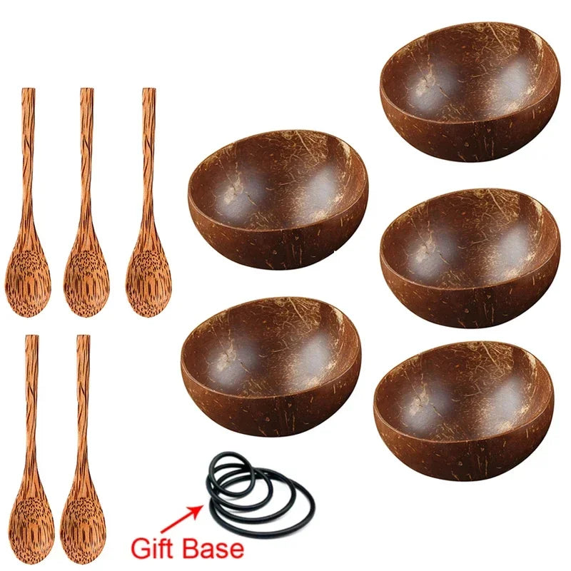 12-15cm natural coconut bowl set wooden salad ramen bowl wood spoon set coco smoothie kitchen tableware - 5 spoon