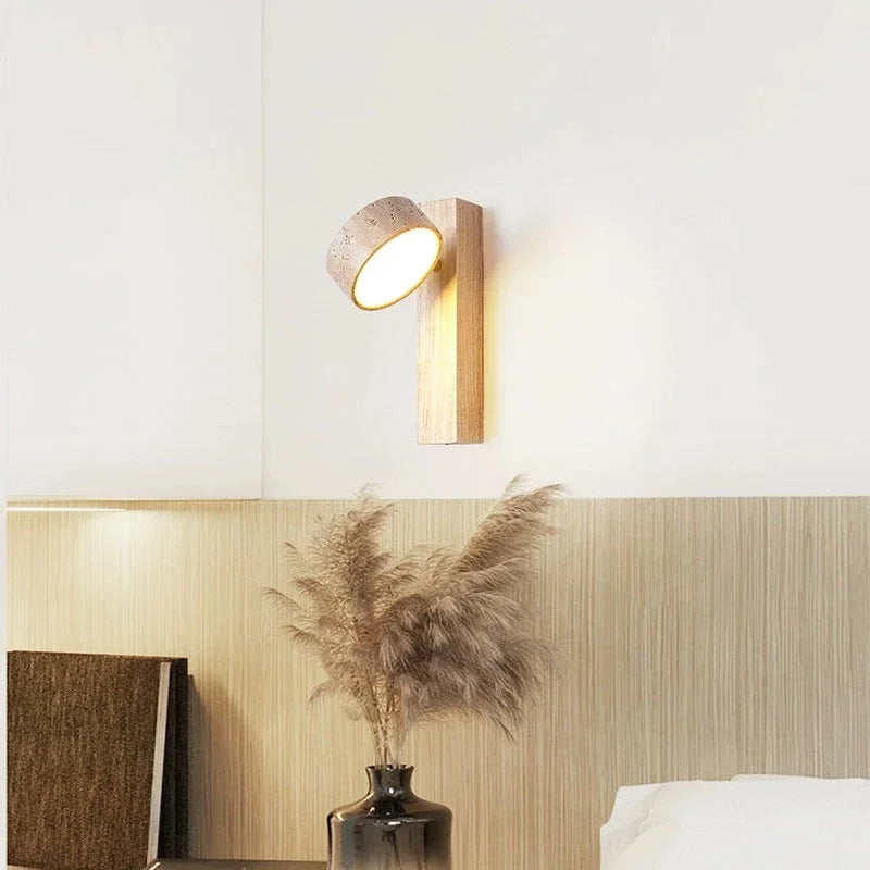 Cream style bedroom bedside wall lamp with pull switch wire rotatable led light stone homestay log wood walnut soft