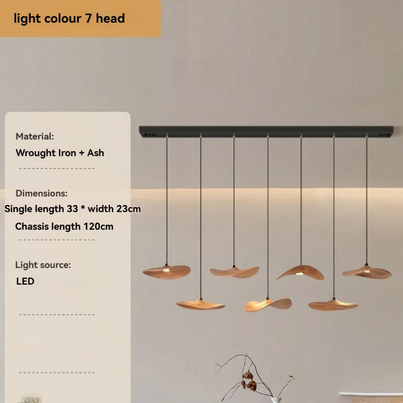 Solid wood walnut color leaf multi-head combination chandelier living room main lamp restaurant wabi-sabi retro style