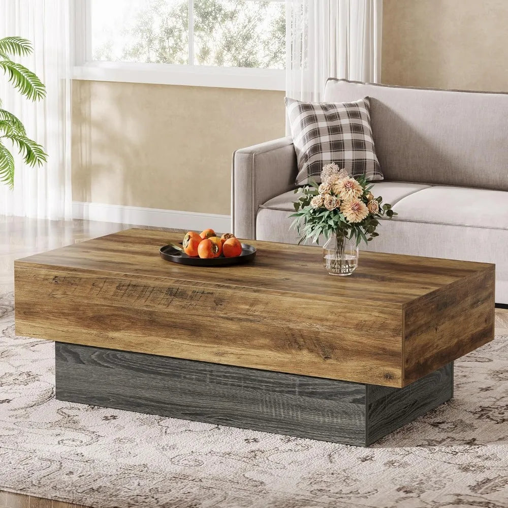 55-inch farmhouse wood coffee table rustic large rectangle tea vintage center for living room office - brown grey