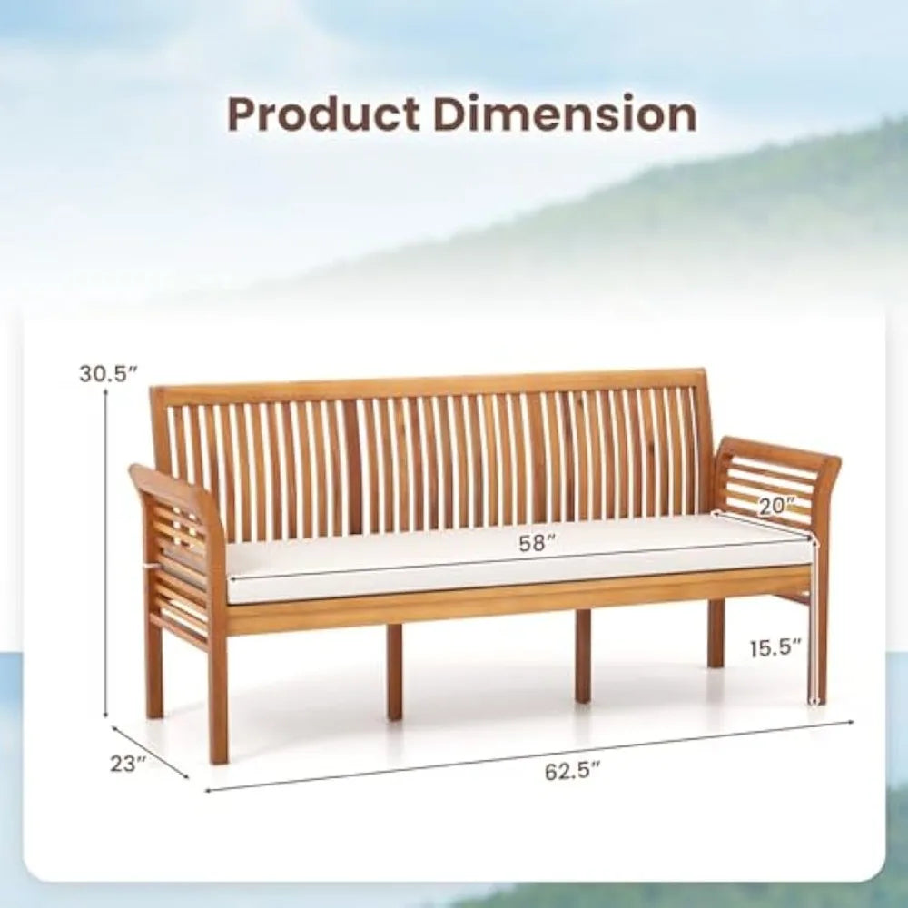 62.5’’ outdoor bench acacia wood - 3-person patio w/backrest armrests & removable seat cushion slatted wooden garden