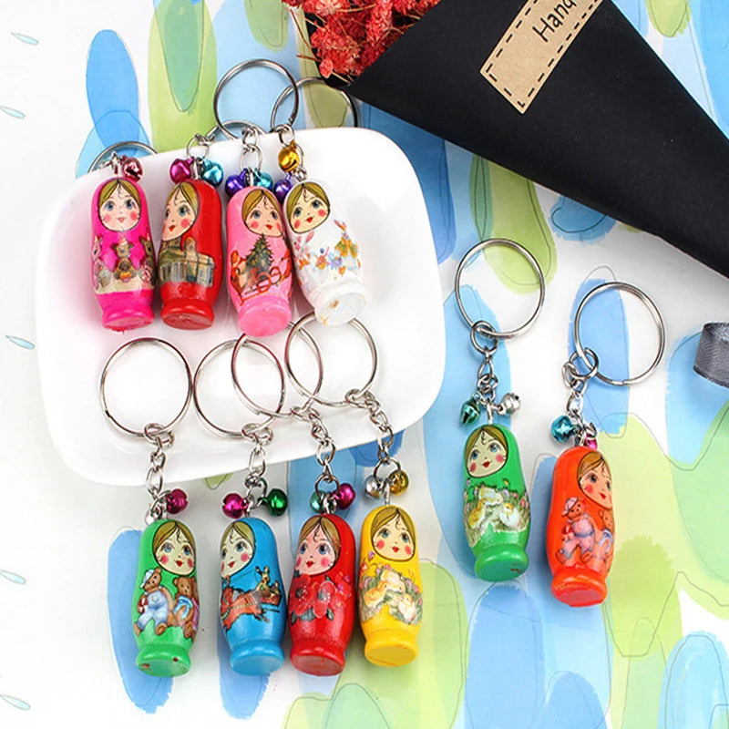 60pcs nesting dolls wooden keychain doll russian matryoshka key ring unpainted christmas tree set - mix colors - chain