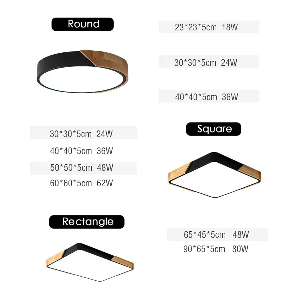 Wooden round square led ceiling light bedroom neutral white cool warm 36w 24w 18w 110-240v