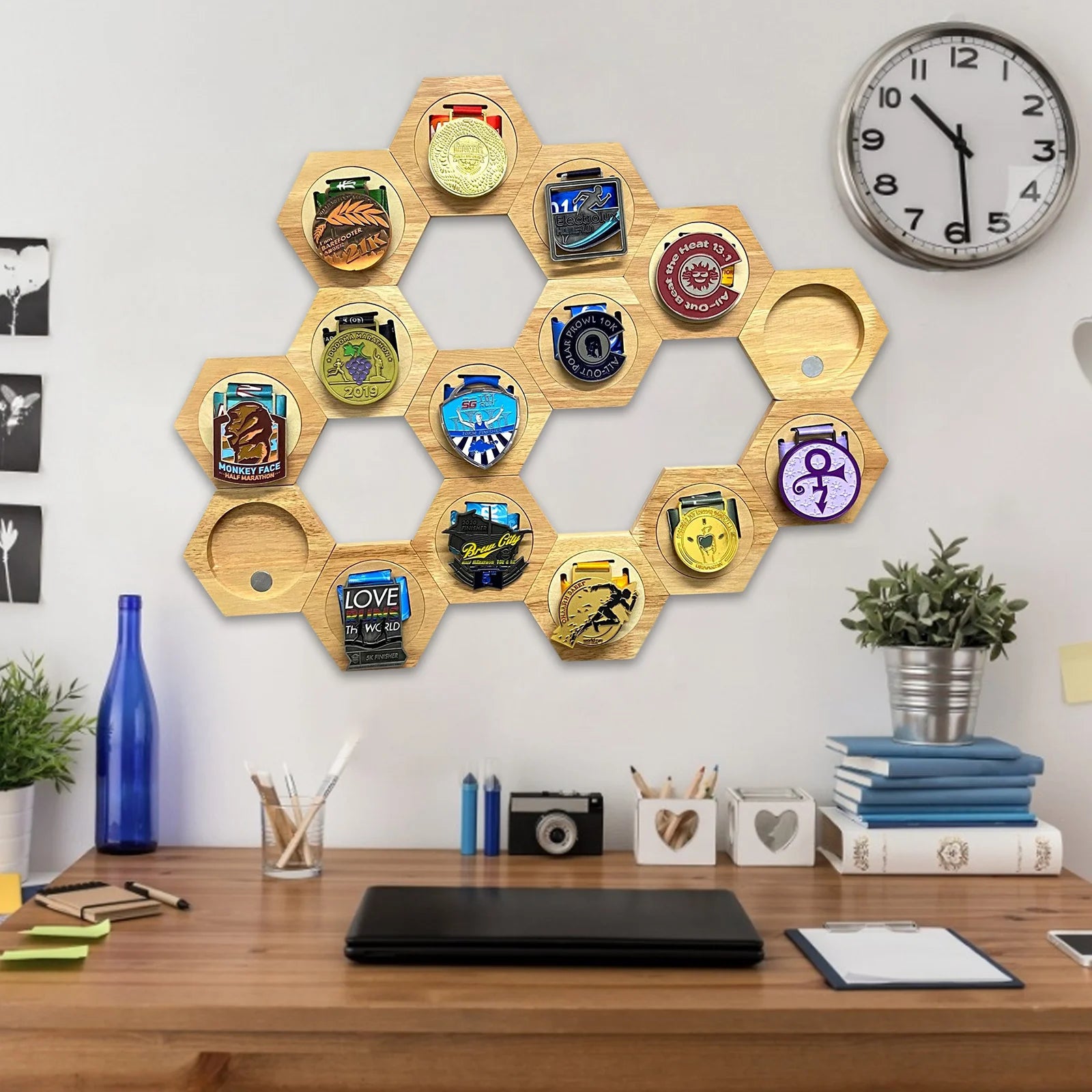 1-10pcs wooden medal display racks hexagonal honeycomb combination holder honor commemorative home wall decoration