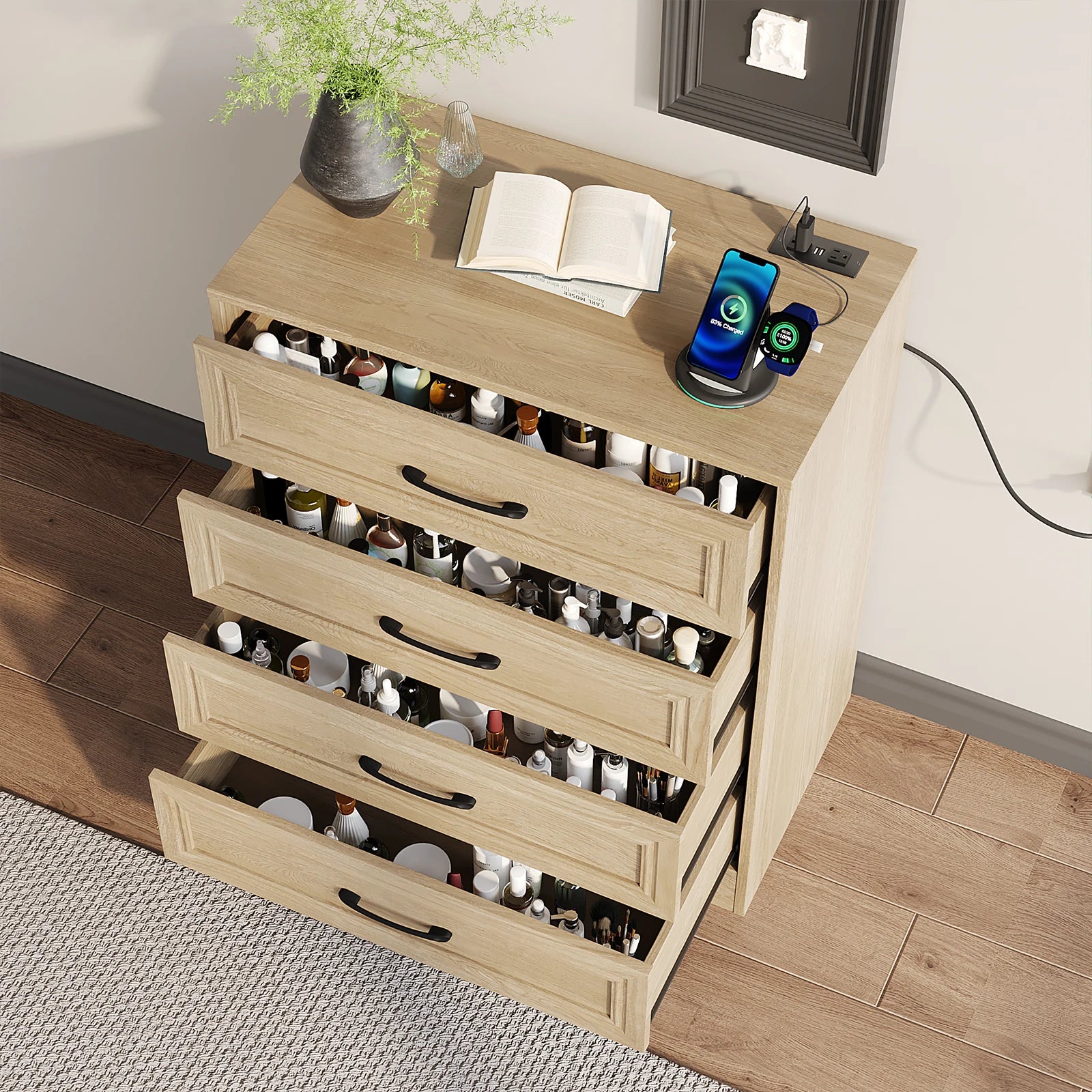 Vabches 4 drawer dresser for bedroom wood with power outlet&metal handles chest of drawers storage organizer hallway