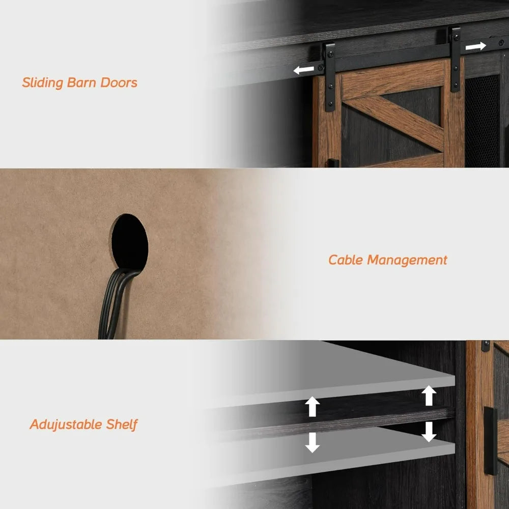 Farmhouse tv stand for 65 inch antique black & brown entertainment center with sliding barn doors and mesh tall medi