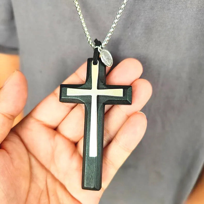 Retro artistic wooden cross nelace korean faion pendant long men’s sweater chain hanging decoration ex version