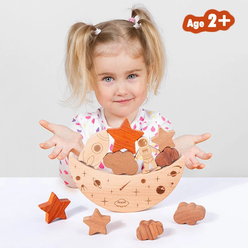 Wooden montessori toys stars moon balance blocks board games 3d celestial star cognition educational stacking - game