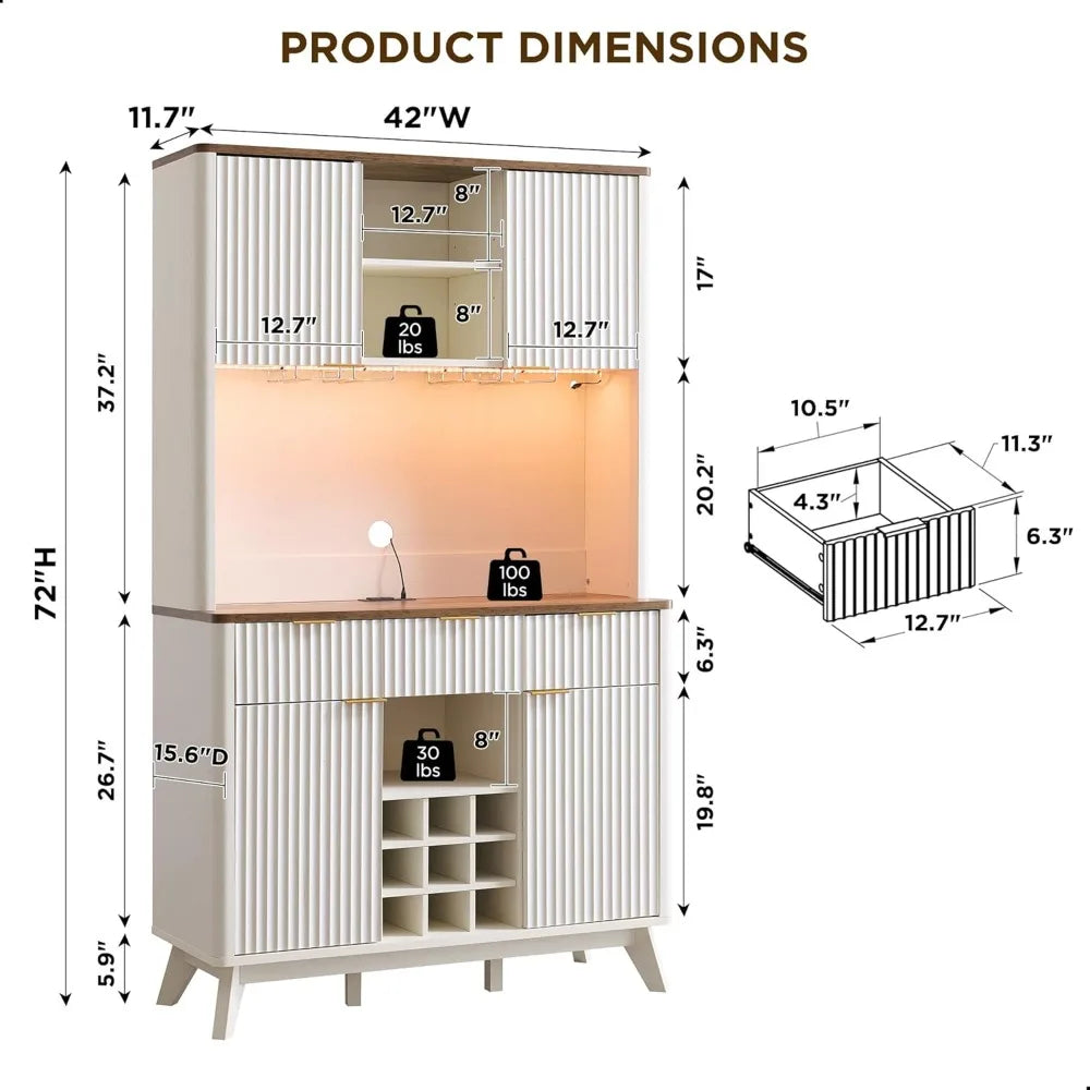 72’’ tall wine bar cabinet with storage hutch modern wood fluted coffee led lights and 10 tier shelf & - united states