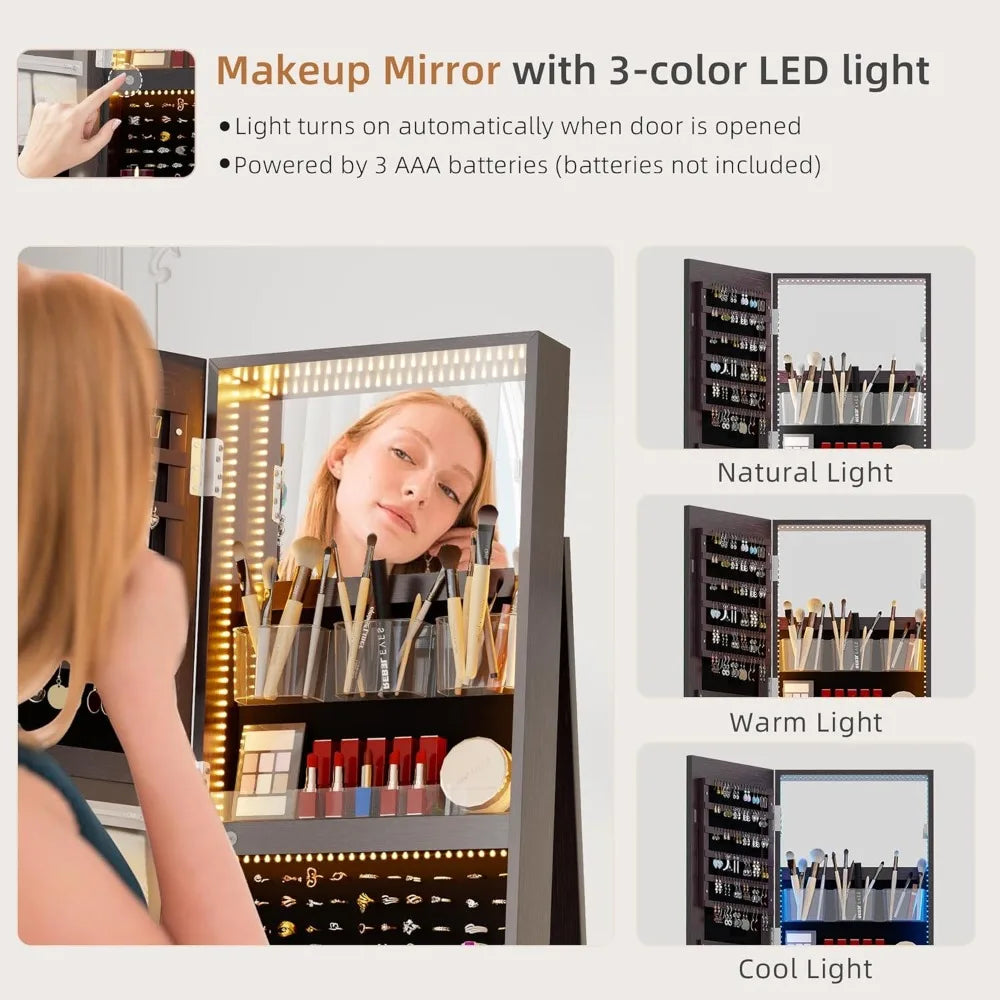 Full length mirror armoire with led lights lockable cabinet jewelry storage 360 swivel