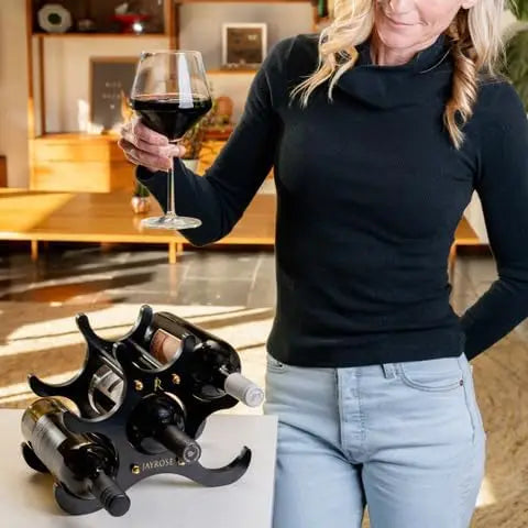 Wooden wine rack holds 6 bottles - compact and movable holder - easy to assemble space saving storage design - black