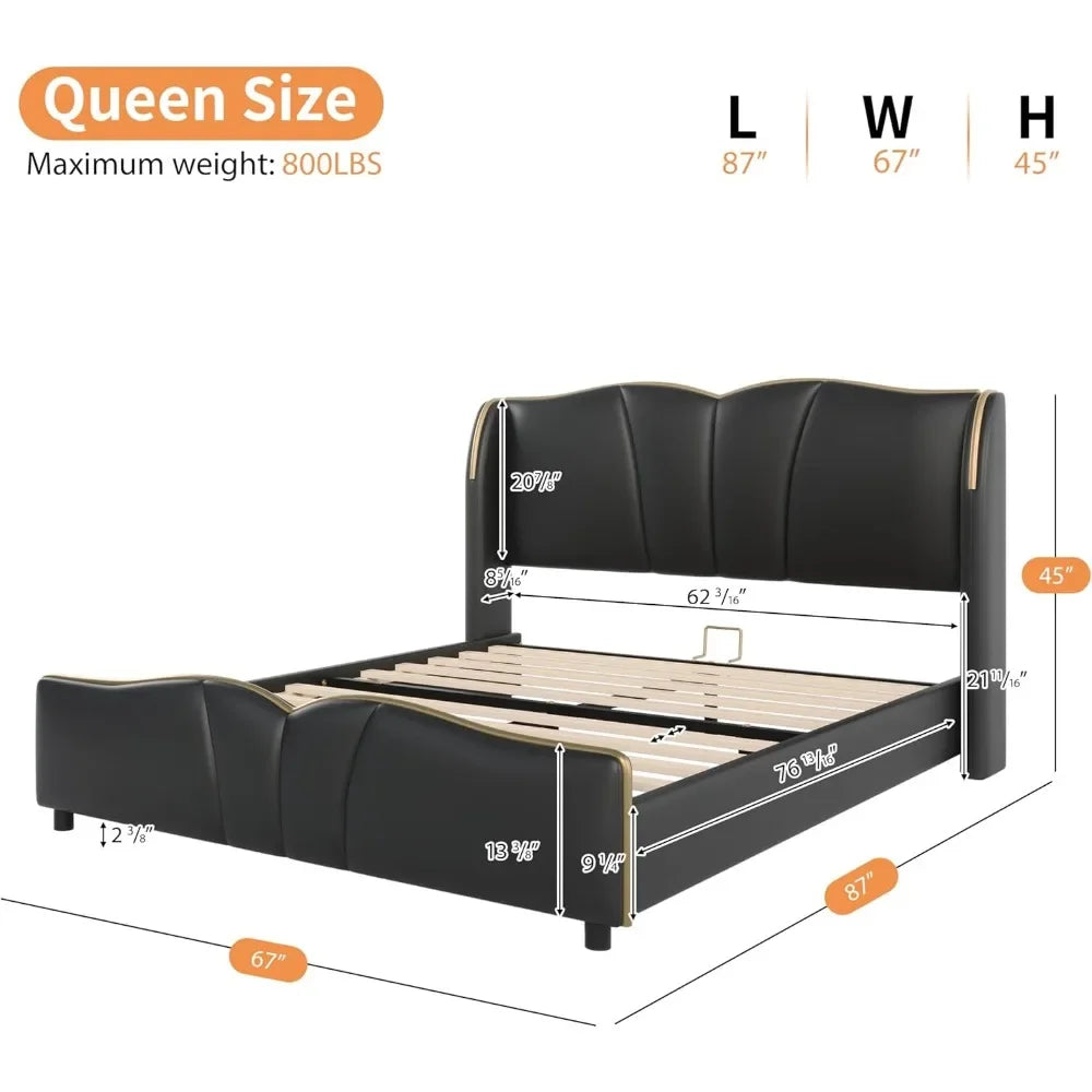 Modern luxury leather platform bed frame - wingback headboard & wavy footboard no box spring required