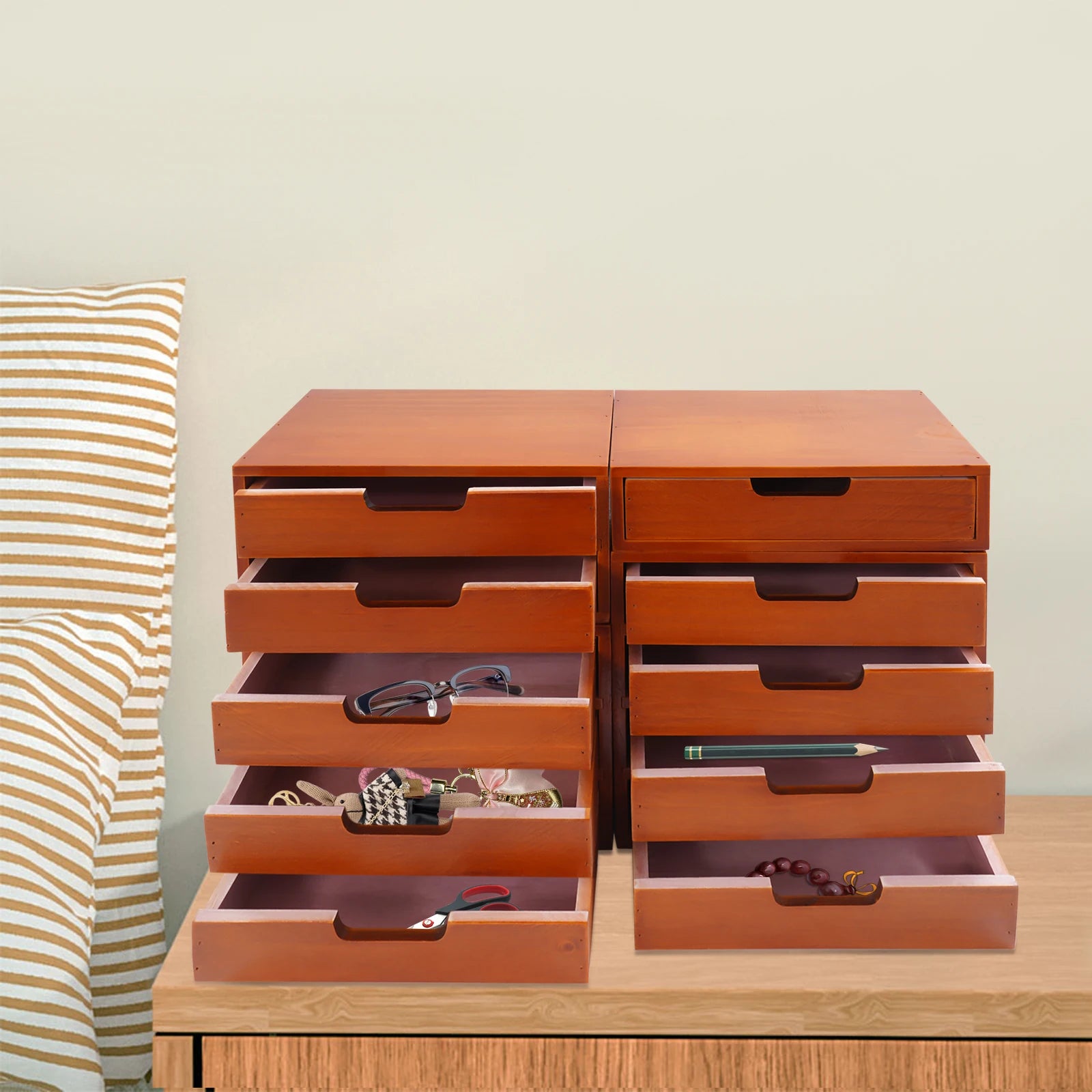 Brown rectangular drawer cabinet desktop jewelry storage organizers 4 wood stackable - united states