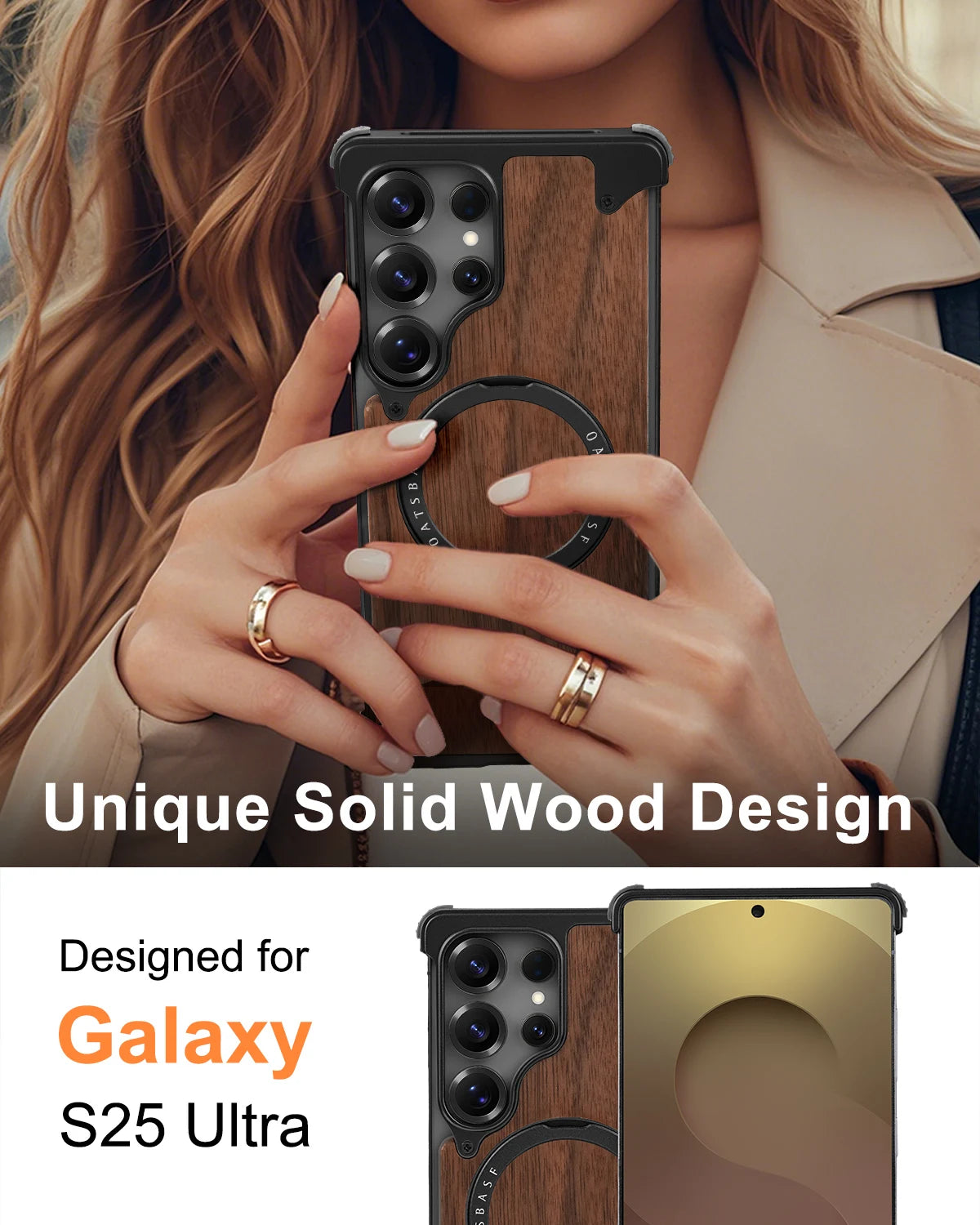 Eary premium wood phone case for samsung galaxy s25 s24 ultra with magsafe 360° rotation ring stand frameless