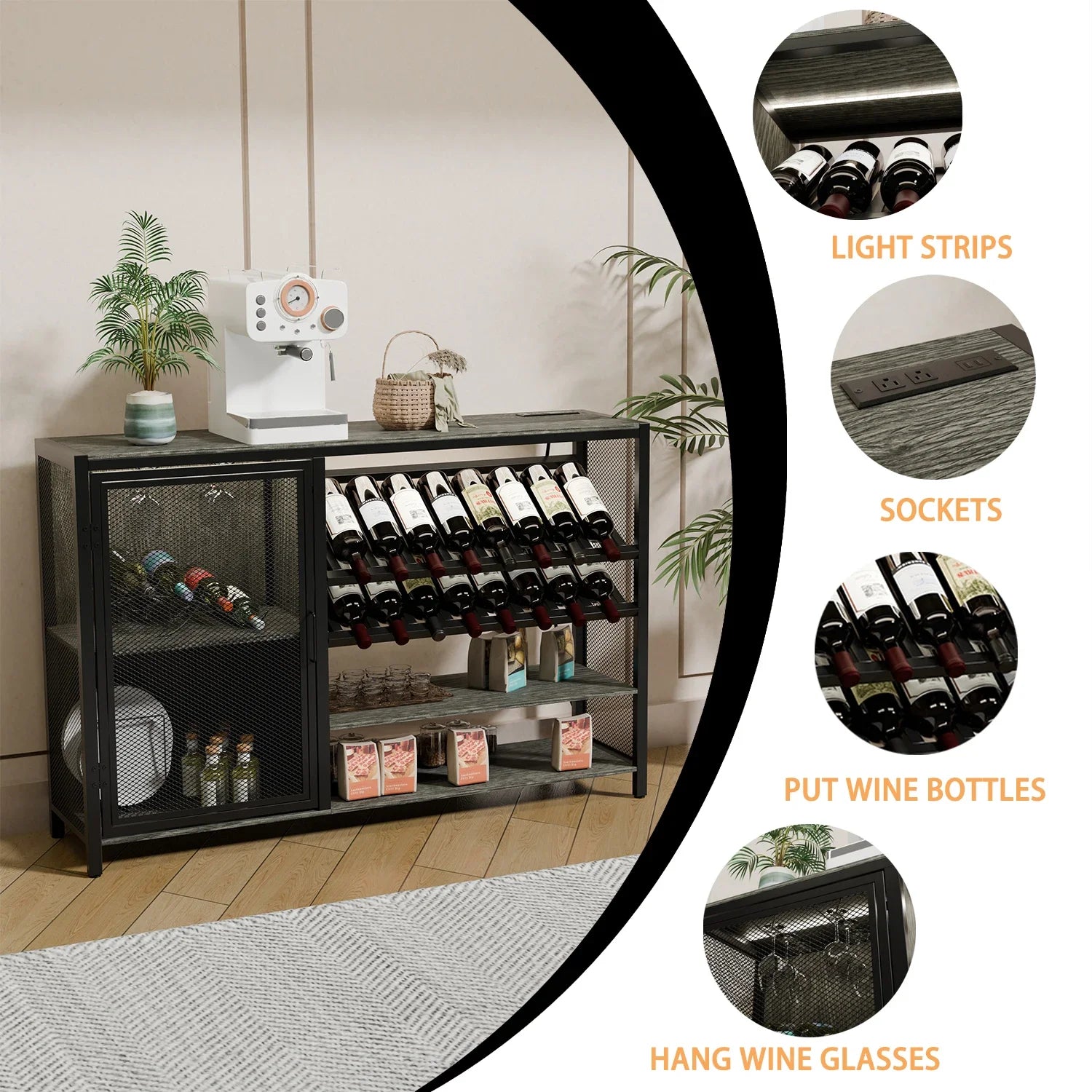 For kitchen family restaurant bar wooden wine cabinet bottle bar with light and mesh door/power socket suitable