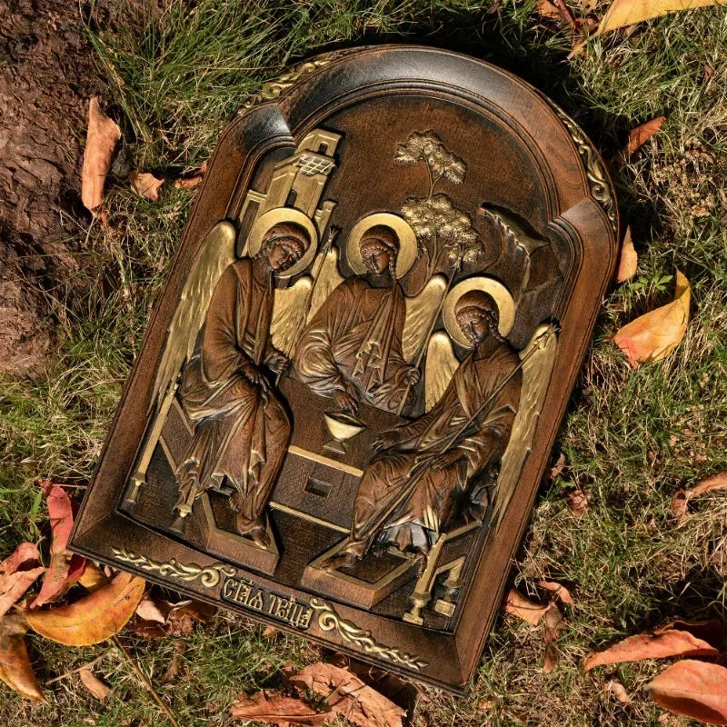 Religious vintage catholic holy trinity wood carving ornament family home living wall decor - (christian)