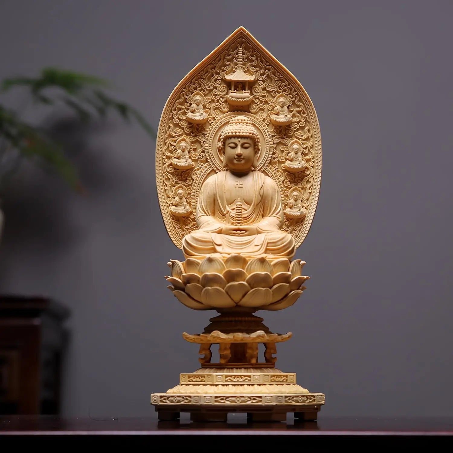 Finely carved hinoki cypress wood eastern saints buddha statues medicine with sunlight and moonlight bodhisattvas