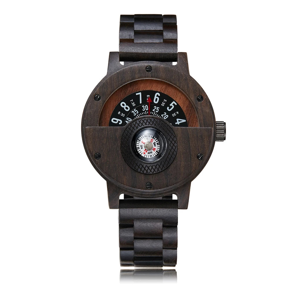 Natural wood watch men’s rotary table compass dial real walnut ebony bamboo brown concept quartz - w273-2