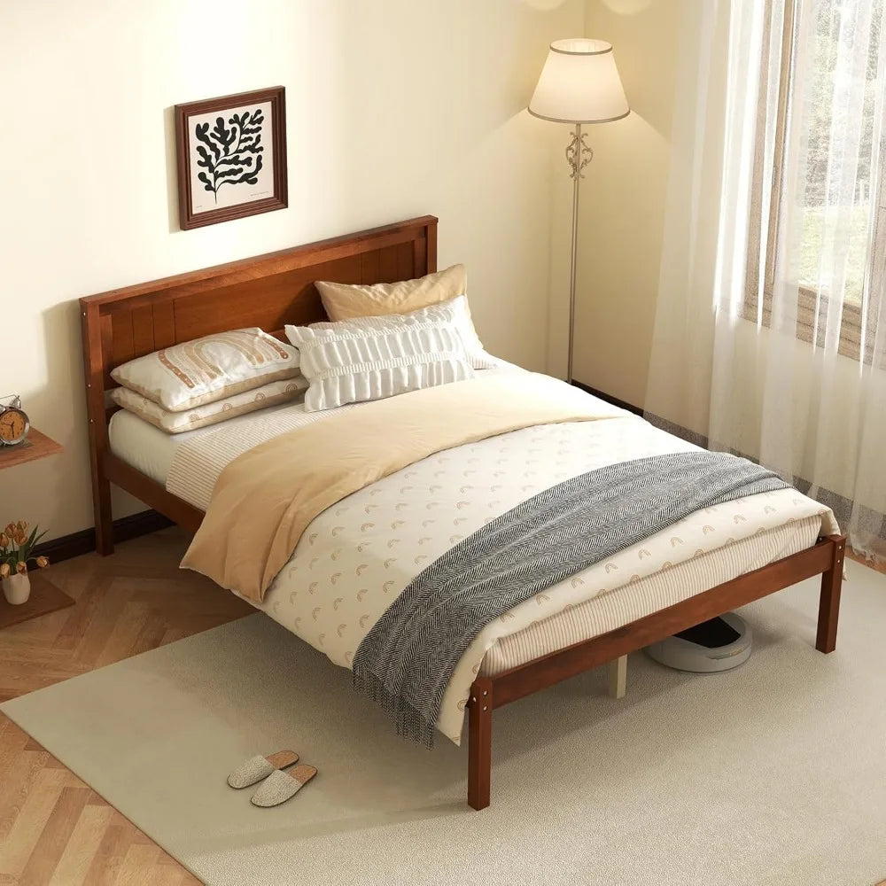 Komfott full size wood platform bed frame with headboard solid slat support 7-leg under stora - united states / walnut