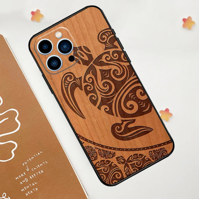 Turtle elephant dragon wood phone case for iphone 15 16 14 13 12 11 pro max mini plus xs x xr back cover - 9276