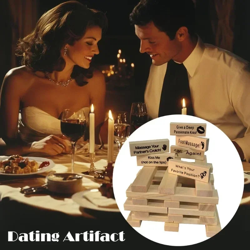 Fun building blocks couple activity night creative wooden tower game valentine’s day rolling stacking