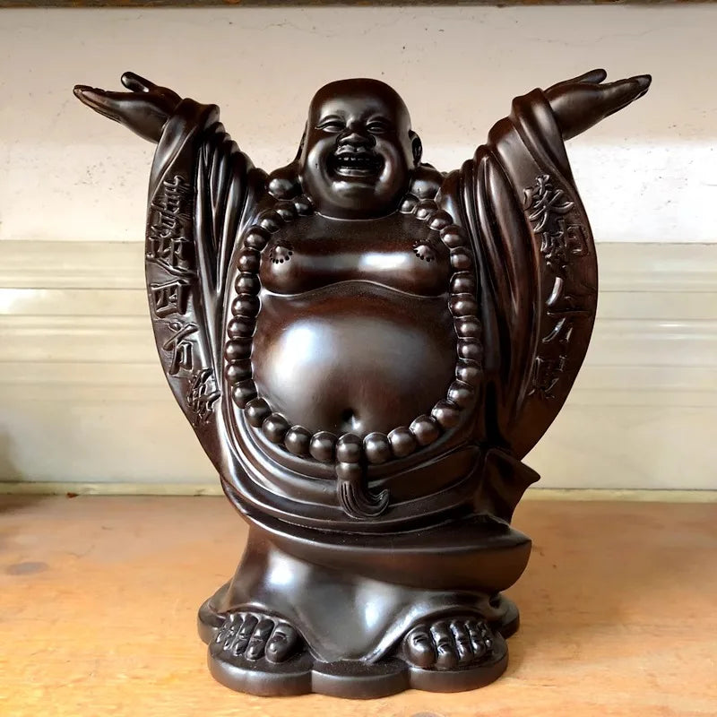 Hand carved ebony wood happy buddha statue figurine - laughing maitreya big belly ornament prosperity fortune home