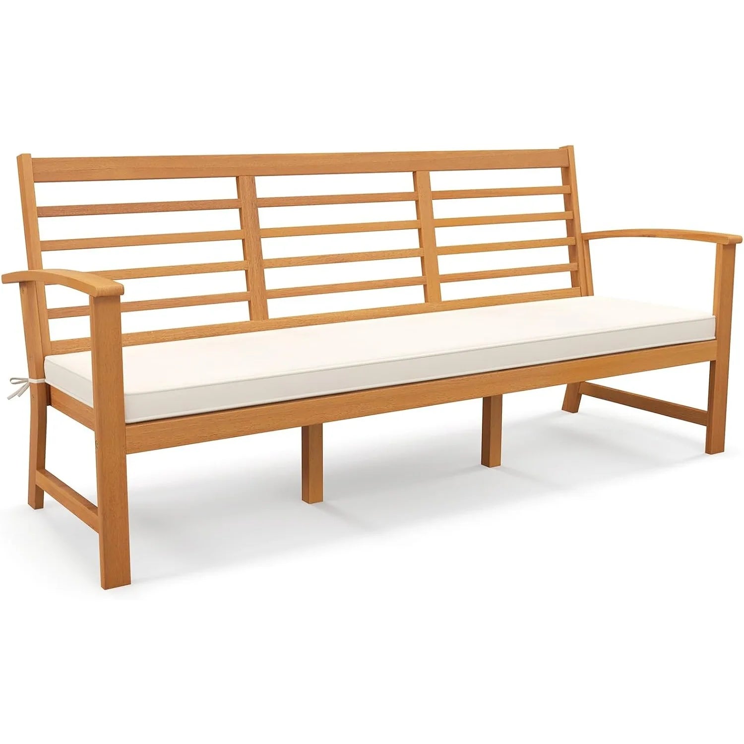 64 inch patio acacia wood bench 3-seat extra long chair with cushion slatted seat & backrest 3-person outdoor - united