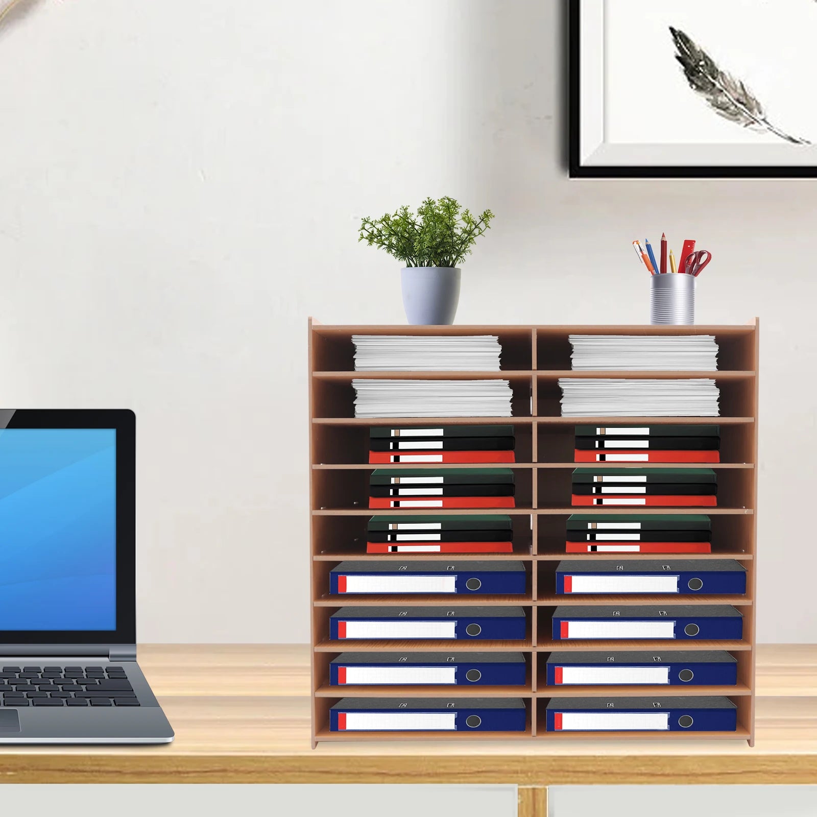 White wood office file literature organizer on desk floor large classroom mailbox center keeper for document storage