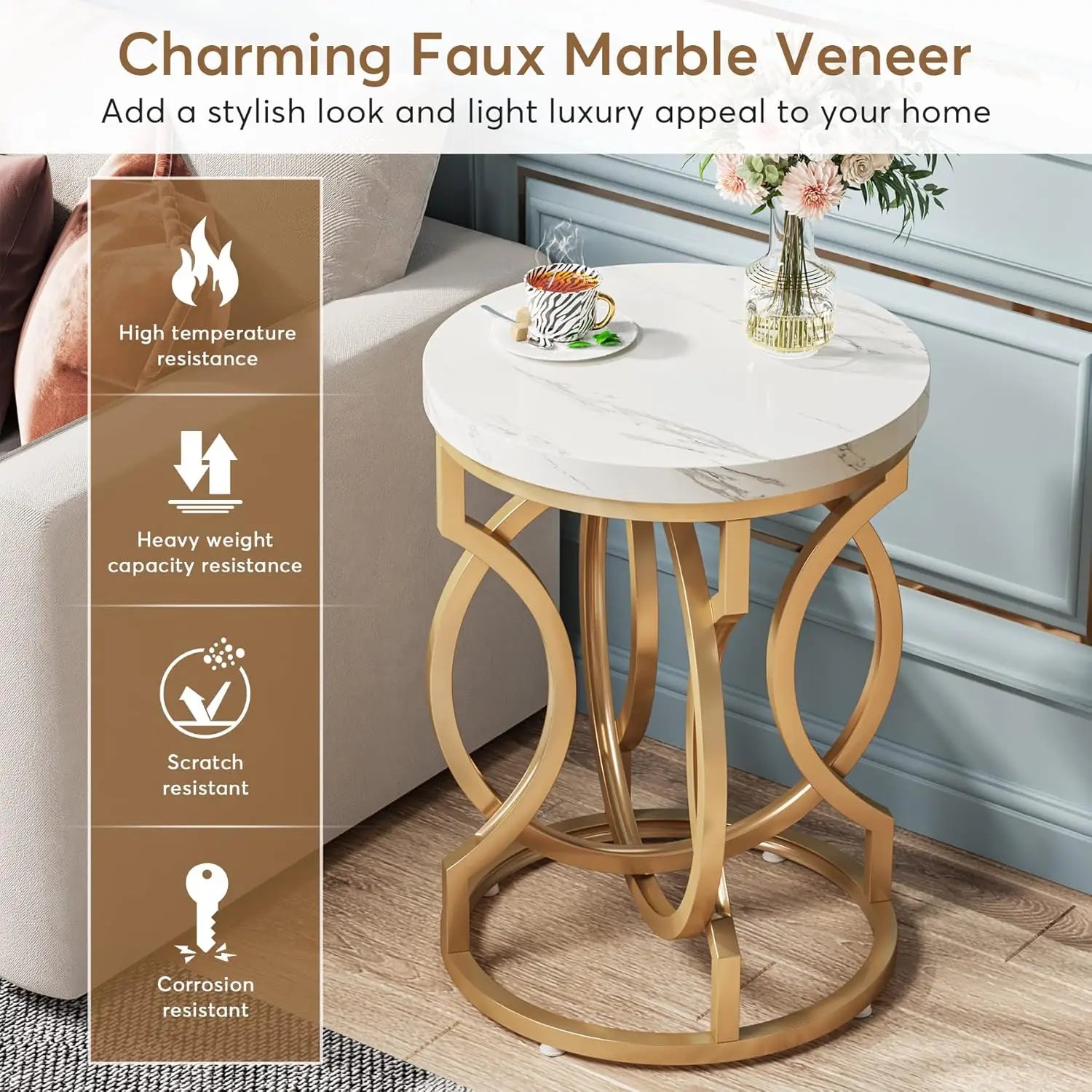 Round end table - multifunctional accent side modern white gold nightstand with faux marble tabletop bedside