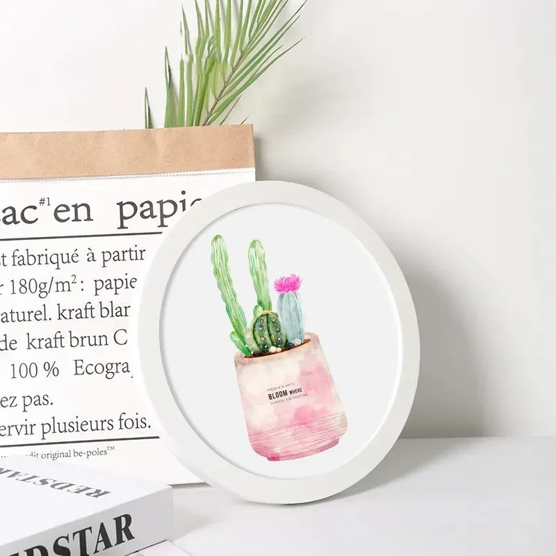 Classic wood round photo frame simple nordic style picture frames hanging solid color background wall decoration