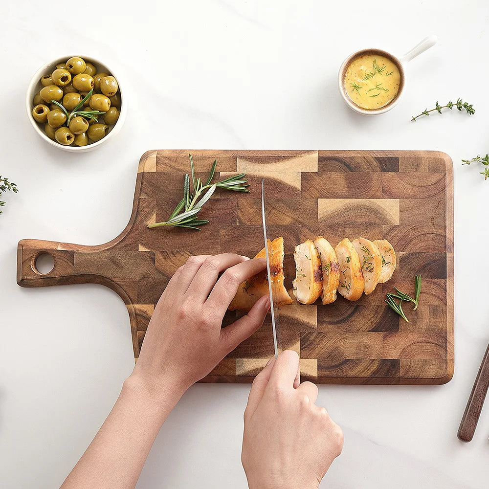 Hezhen cutting board acacia wood kitchen double-sided use hangable dark square racket shape chopping - 41x22x1.9cm