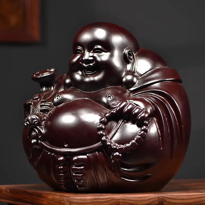 Handcrafted black sandalwood laughing buddha statue - happy maitreya figurine feng shui gift for good luck & harmony