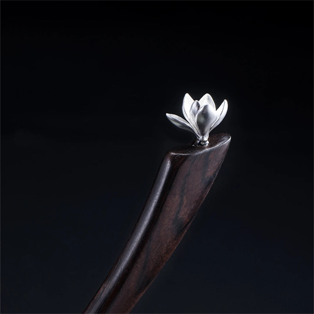 New 100% s925 pure silver women’s men retro hairpin ebony wood magnolia blossom chinese style hanfu hair accessories