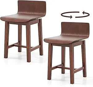 Swivel solid wood dining stools set of 2 19-inch counter height chairs with low back footrest farmhouse wooden armles