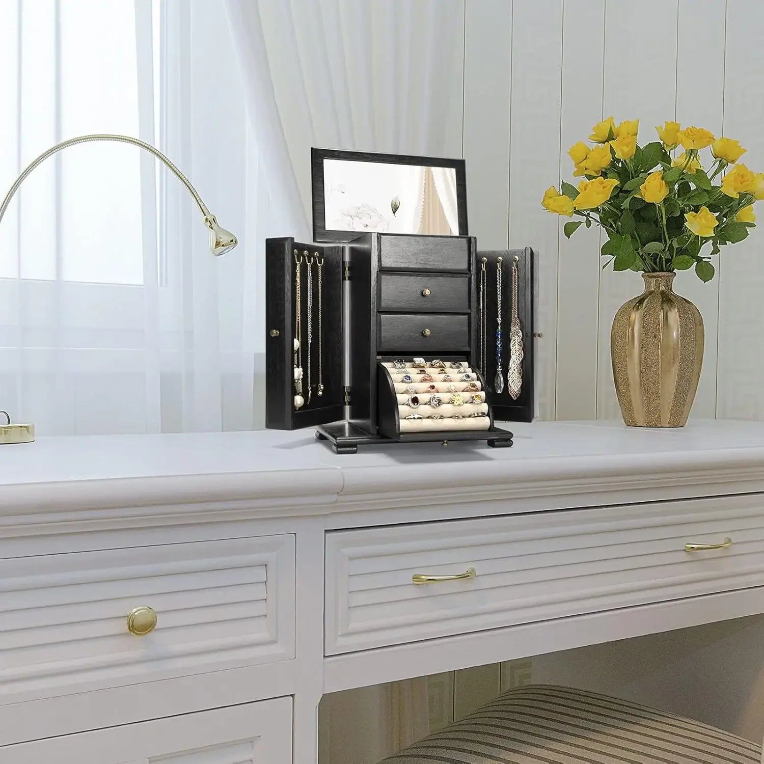 Jewelry box for women rustic wooden boxes & organizers with mirror 4 layer organizer display - box