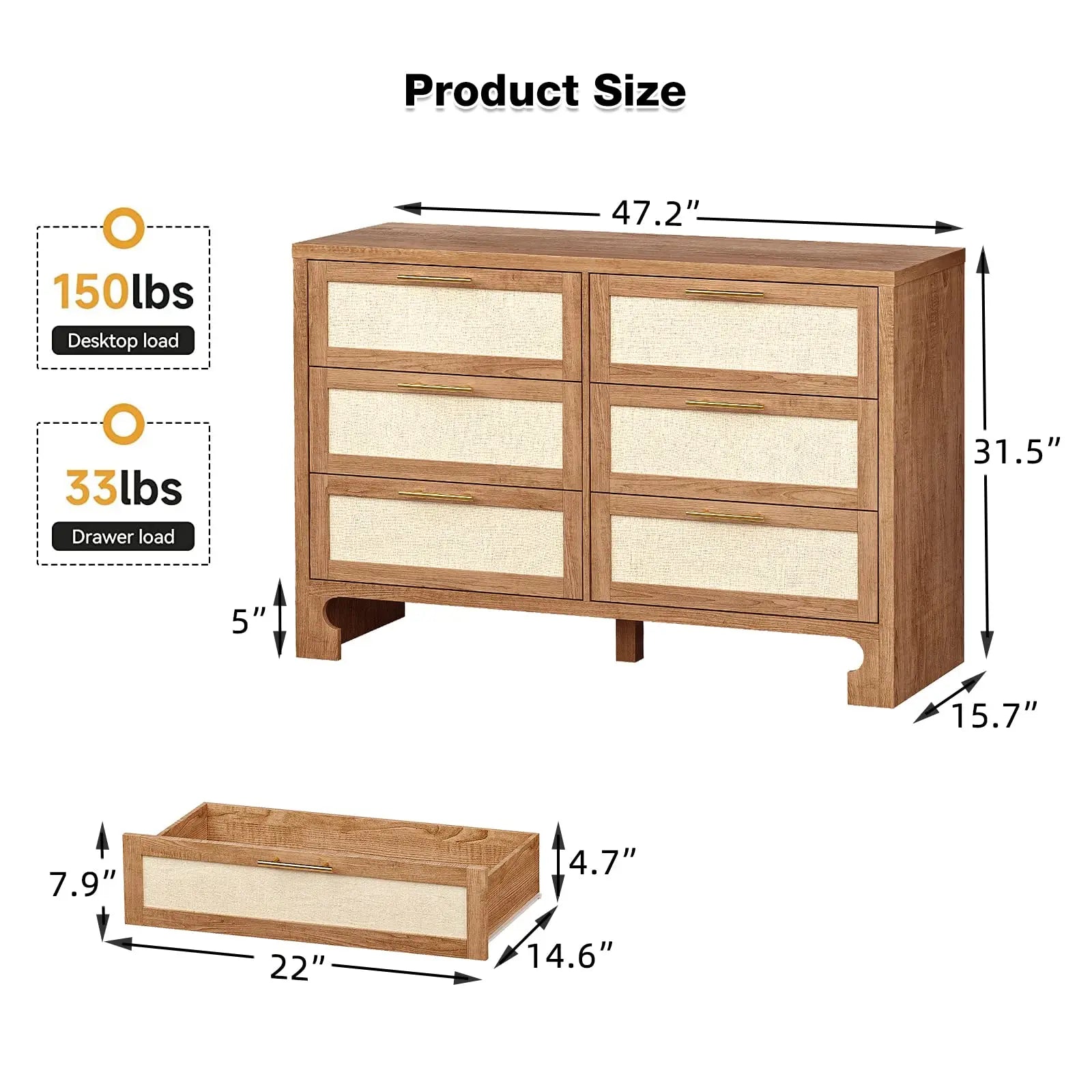 Dresser for bedroom with 6 drawers burlap design wood drawer chest of closet living room hallway nursery - united states