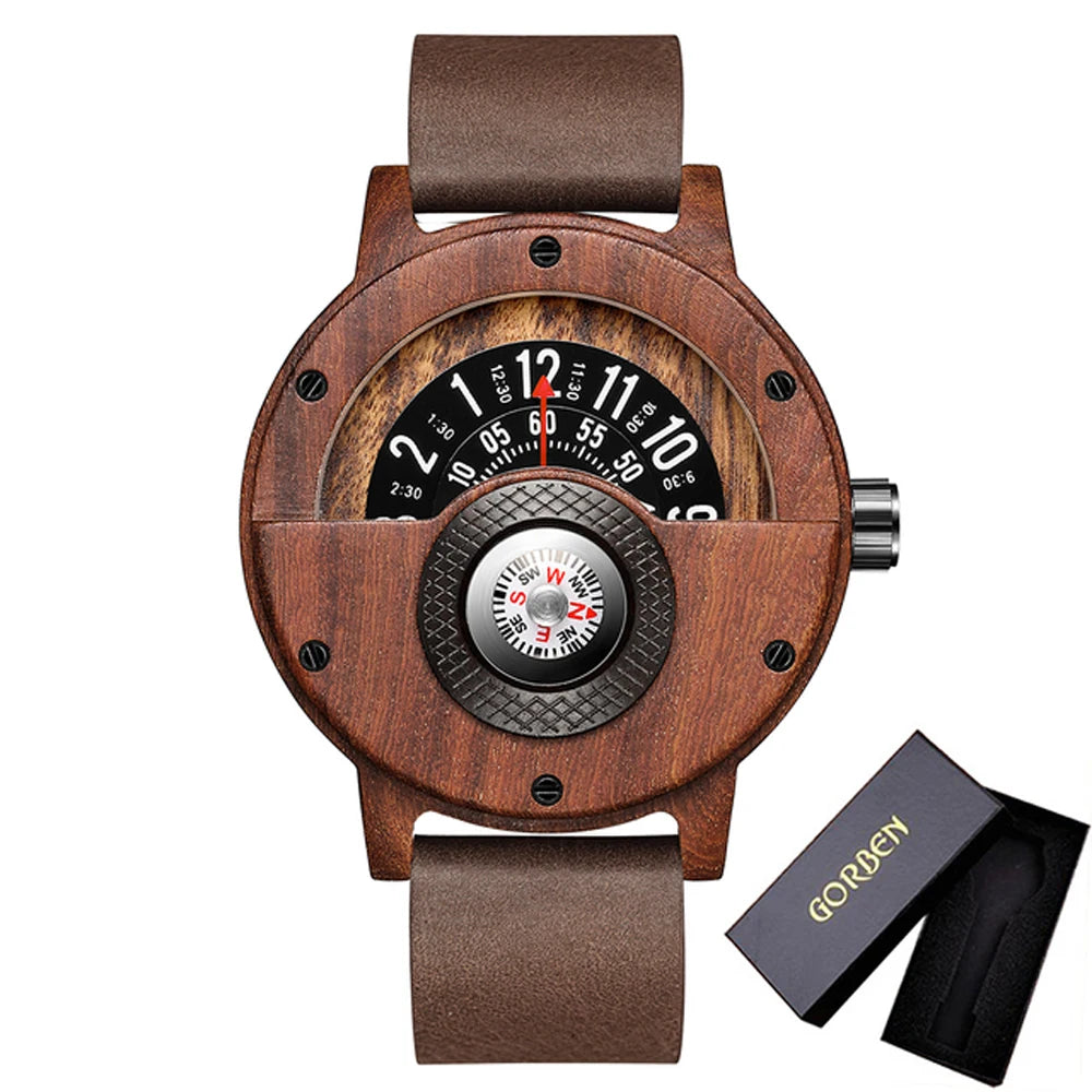 Natural wood watch men’s rotary table compass dial real walnut ebony bamboo brown concept quartz - w208-1 with box