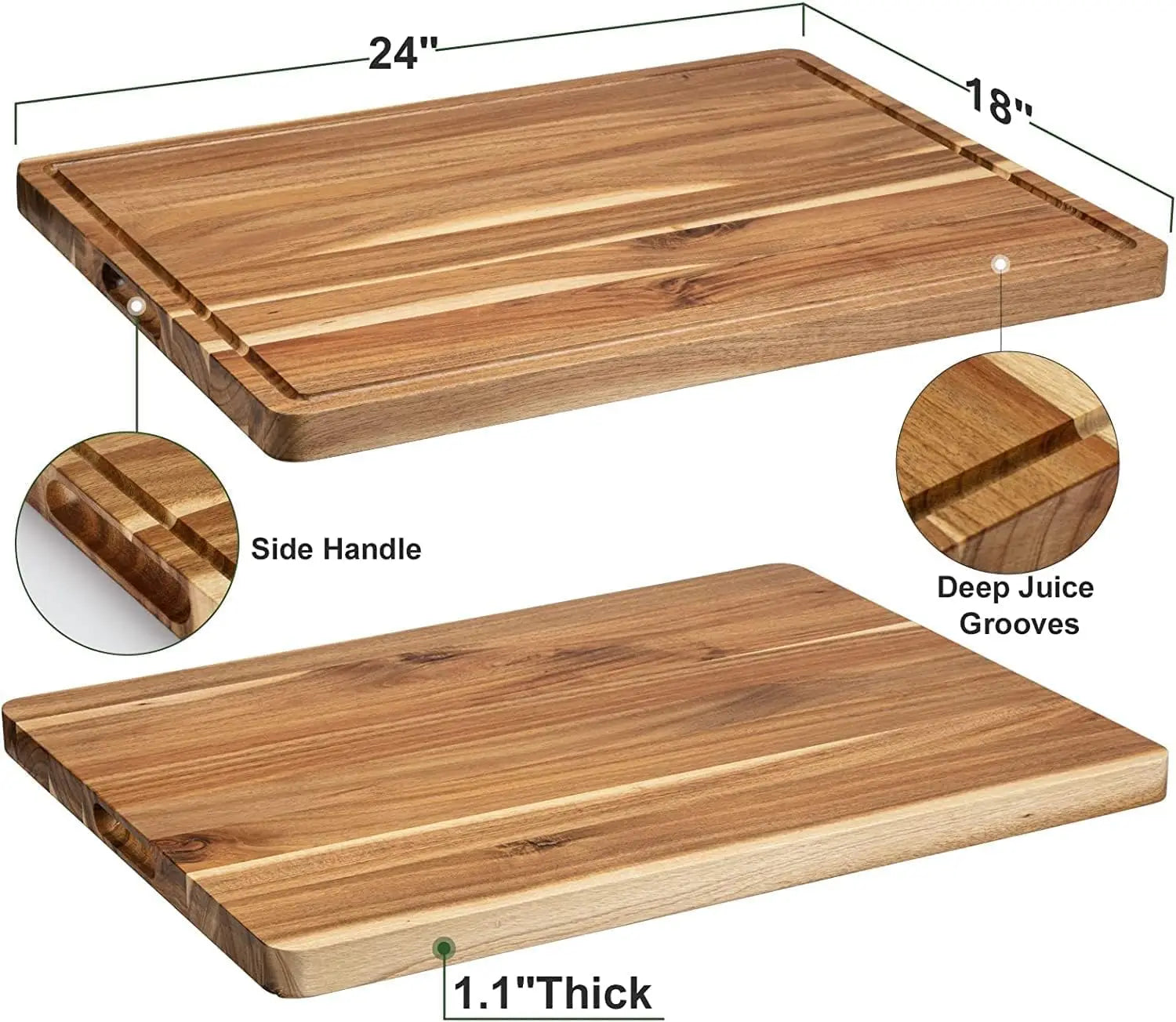 Acacia wooden cutting board for kitchen thick chopping with side handles & water grooves butcher block - 61x45.7x3cm