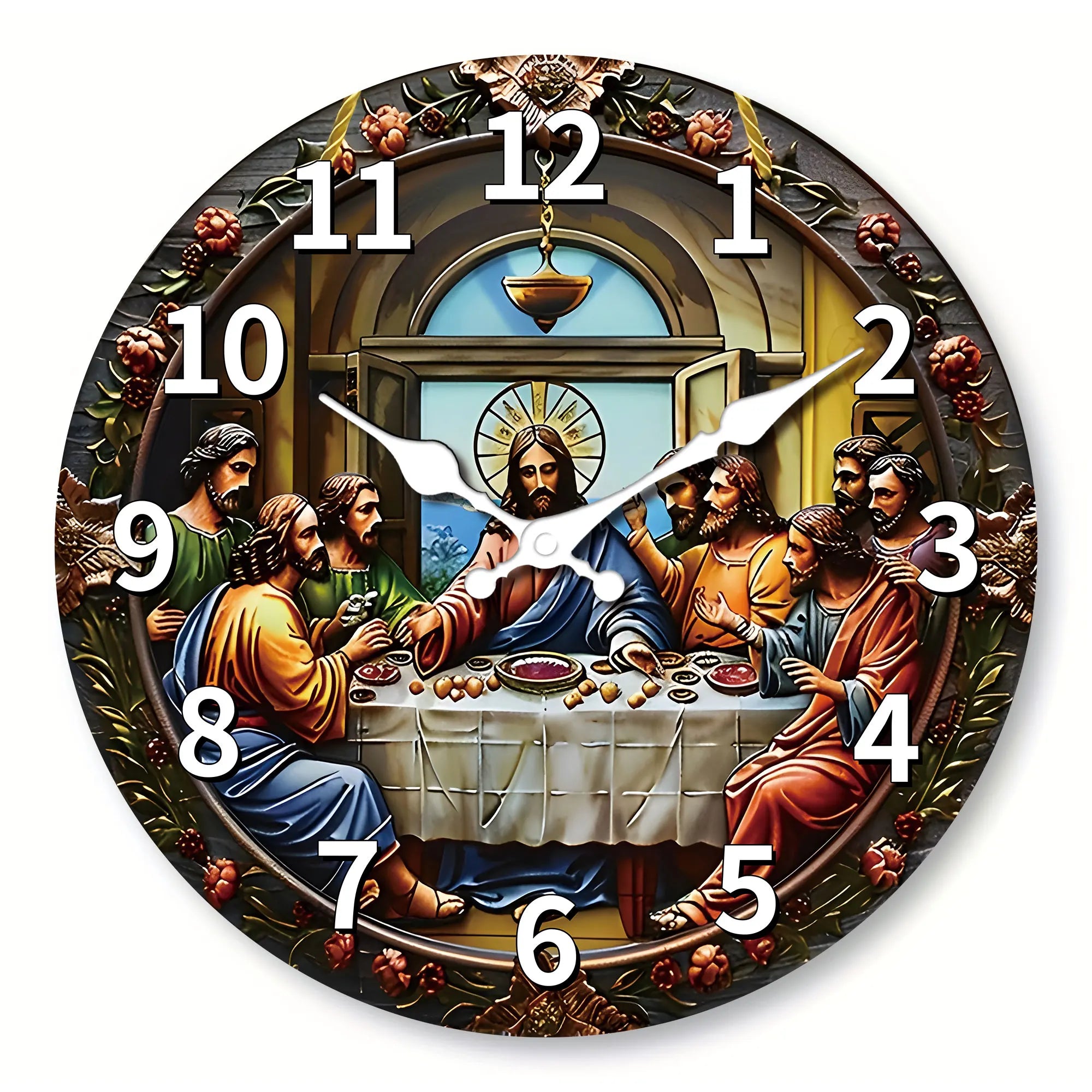 a-wooden-veneer-wall-clock-last-supper-themed-design-flat-wall-clock-non-ticking-silent-clock-living-room-bedroom-office