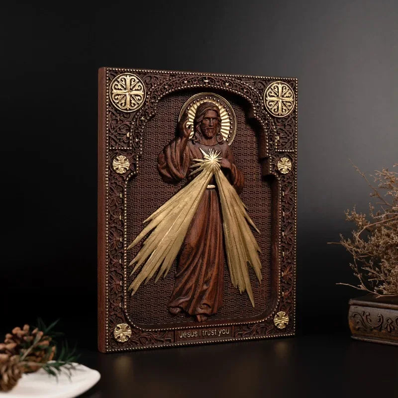 Religious catholic jesus image the sacred heart and divine mercy wood wall plaque - (christian)