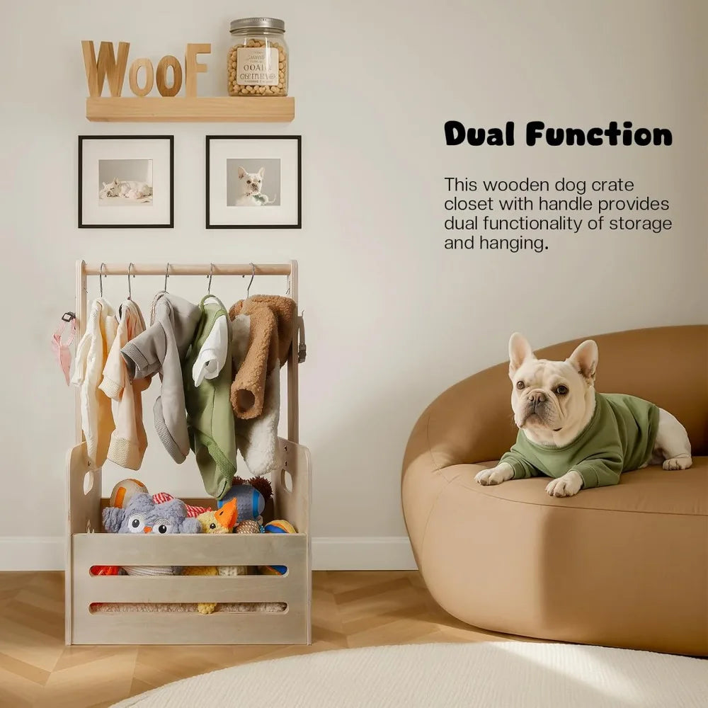 35l wooden dog storage organizer toy bin with hanging rods 27’’x16’’x11’’ pet wardrobe closet 2 metal hooks clothes