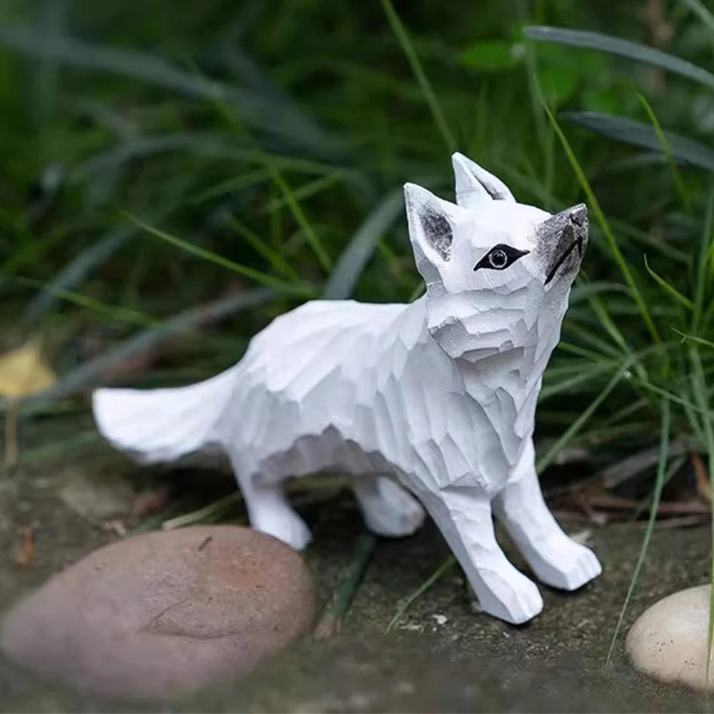 Handcrafted wood carving fox statue cute figurines desk ornament decorations accessories animal sculpture home decor