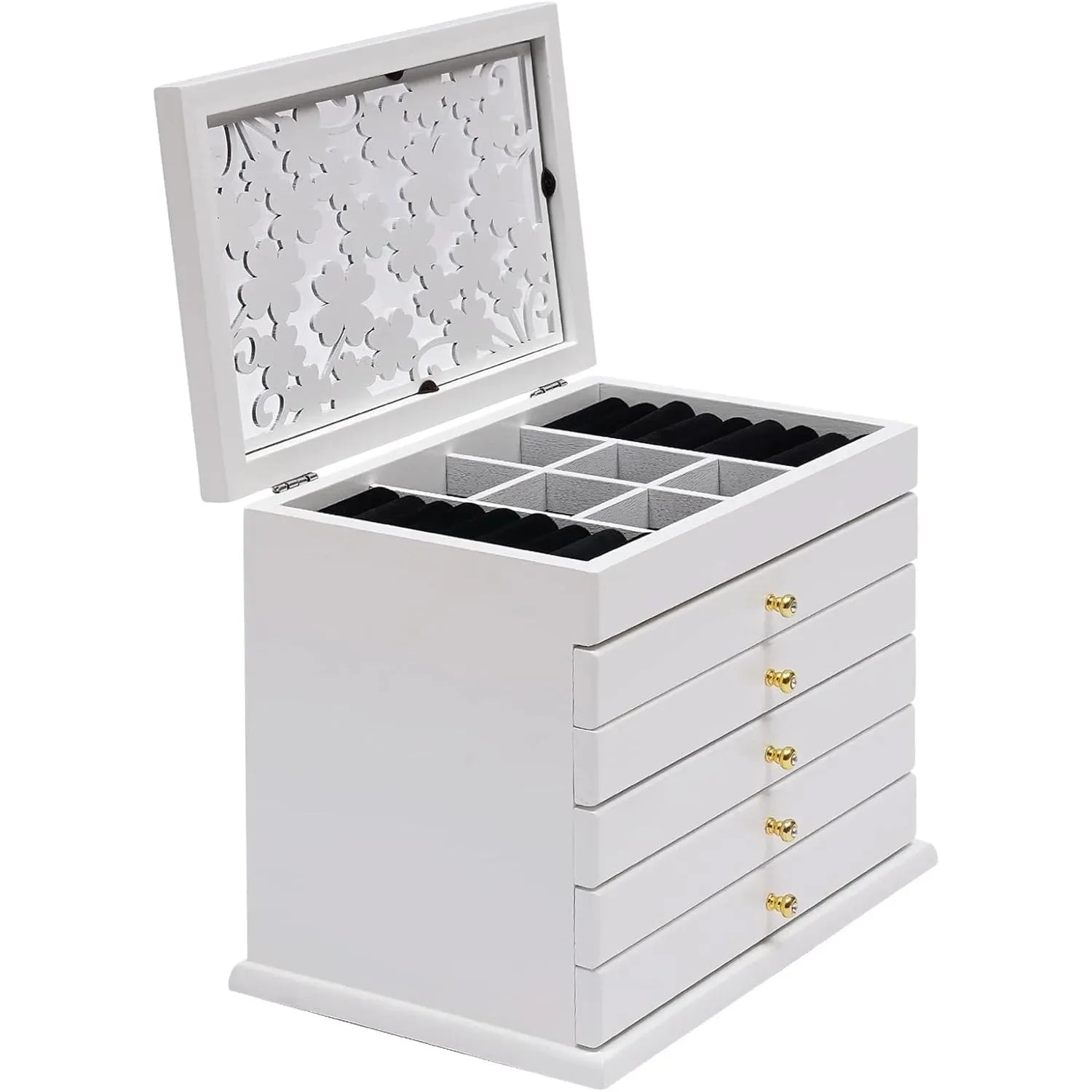 Wooden jewellery box with 6 layers white organizer for women necklaces earrings rings hair clip - united states / white